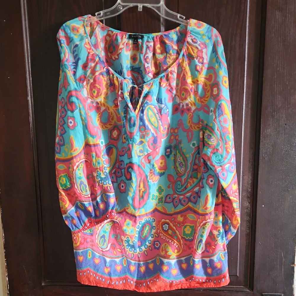 Talbots Turquoise Multi Paisley Peasant Blouse